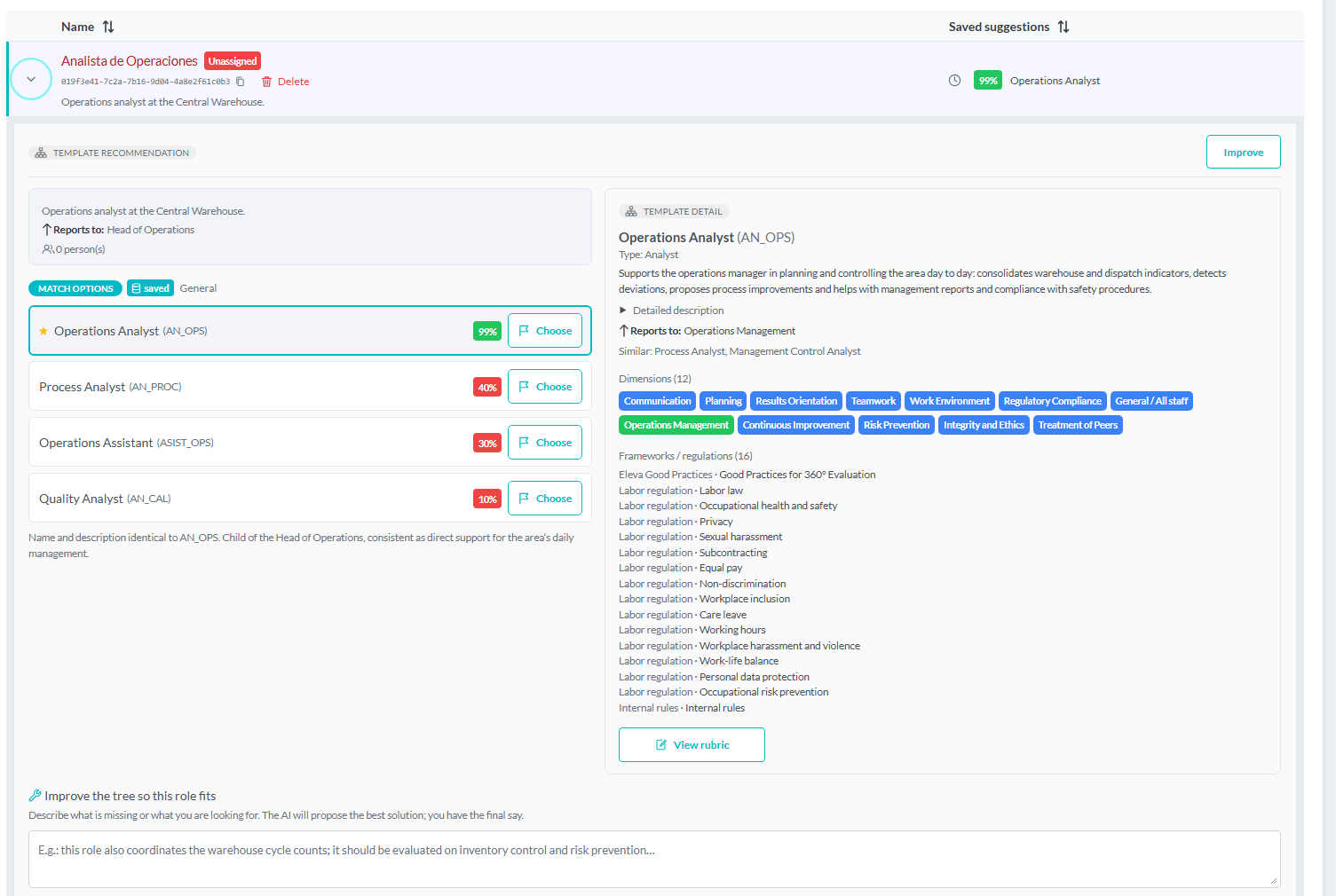 AI role match: four options with a confidence percentage and the template detail with its dimensions, frameworks and regulations.